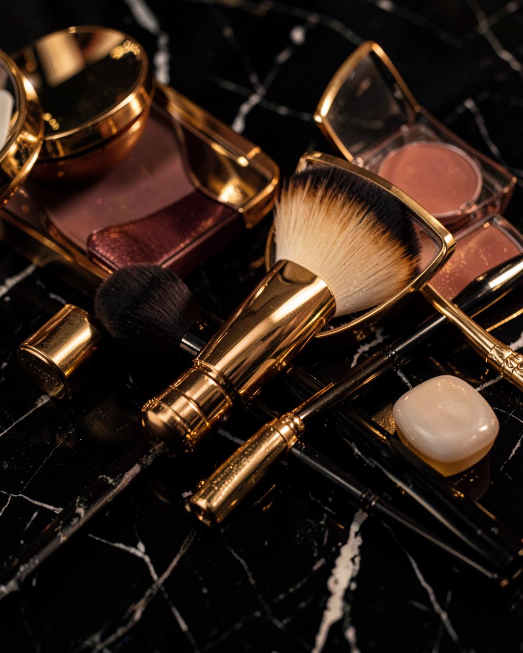 Luxury makeup brushes and cosmetics on black marble