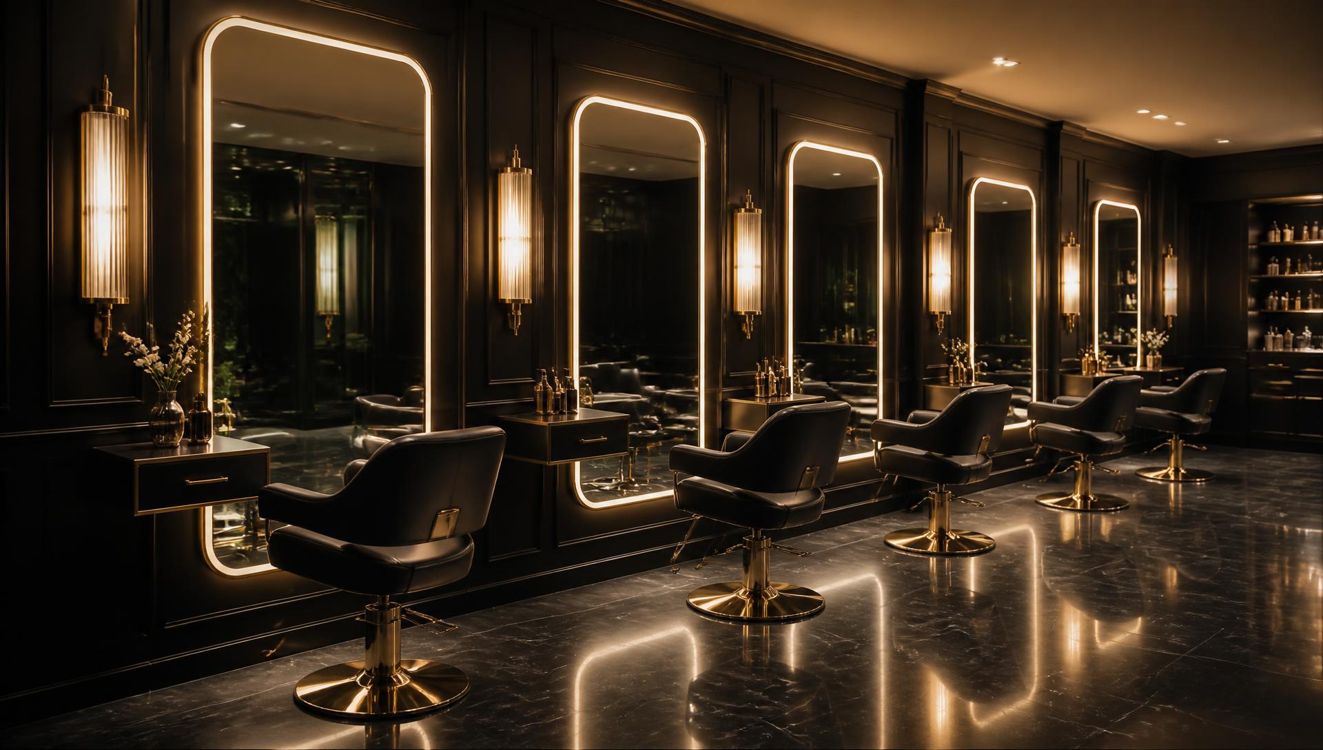 Row of illuminated mirrors and styling chairs