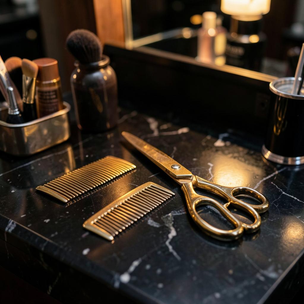 Gold scissors and combs on a black counter